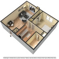 Floor plan for 1 bed, 1 bath, 648 sqft